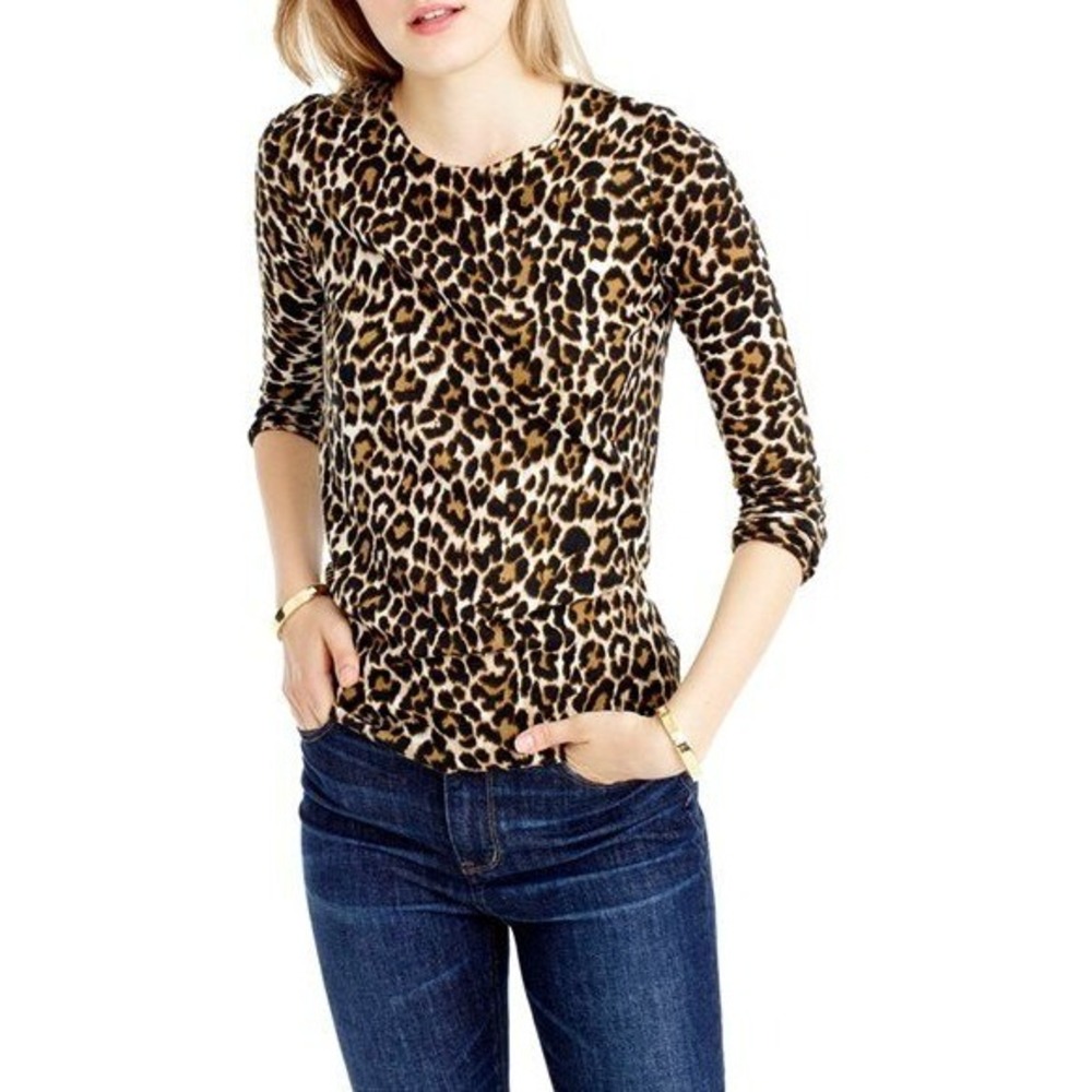 J.Crew 100% Merino Wool Tippi Leopard Print Crewneck Sweater Size Medium Luxury